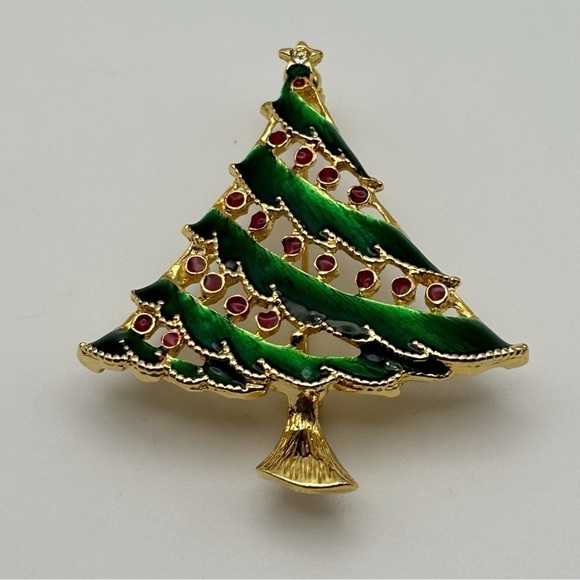 Small Christmas Enamel Tree Brooch Christmas Holidays Green with Red Lights - Picture 2 of 8